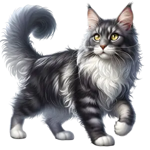 Gray and White Long-Haired Cat with Yellow Eyes