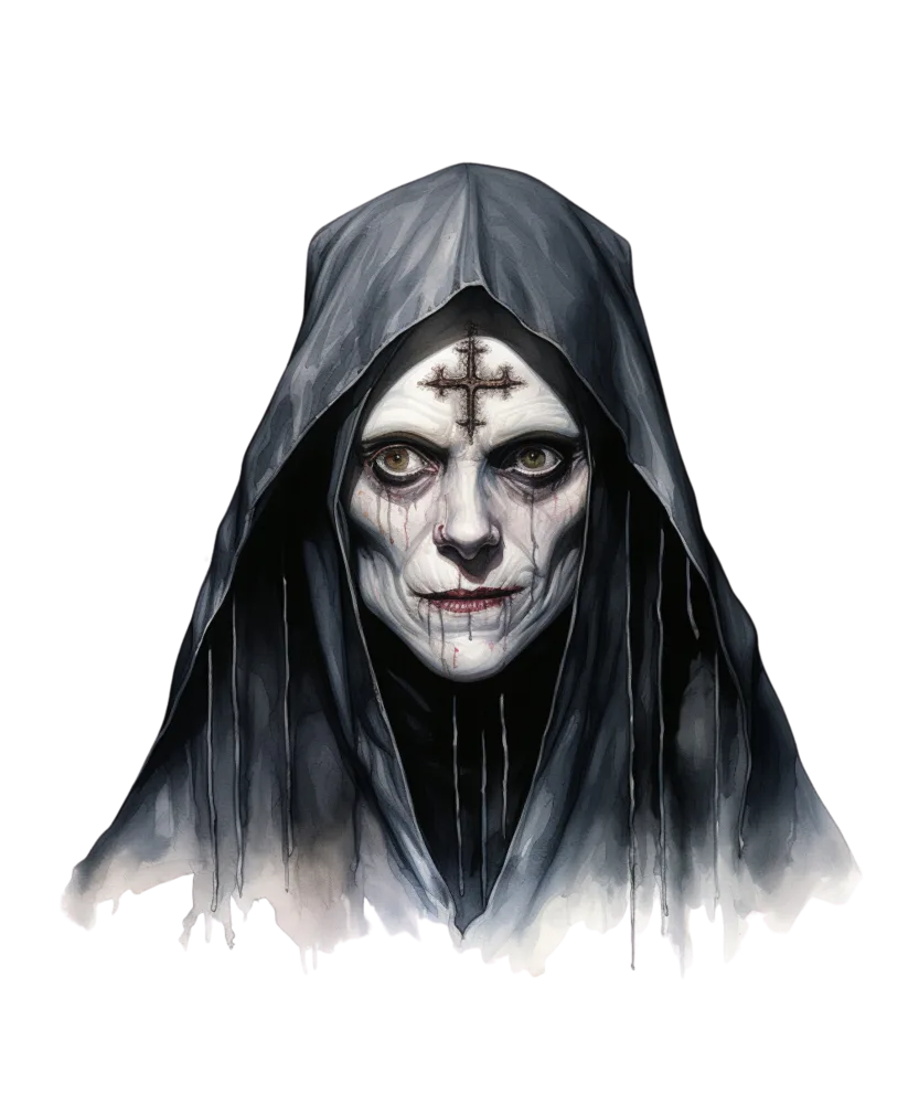 Dark Hooded Female Ghost with Cross Mark on Forehead
