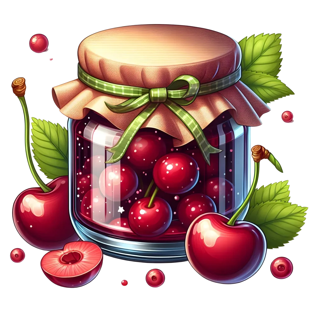 Jar of Cherry Jam with Fresh Cherries and Leaves