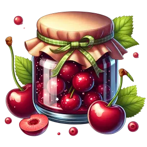 Jar of Cherry Jam with Fresh Cherries and Leaves