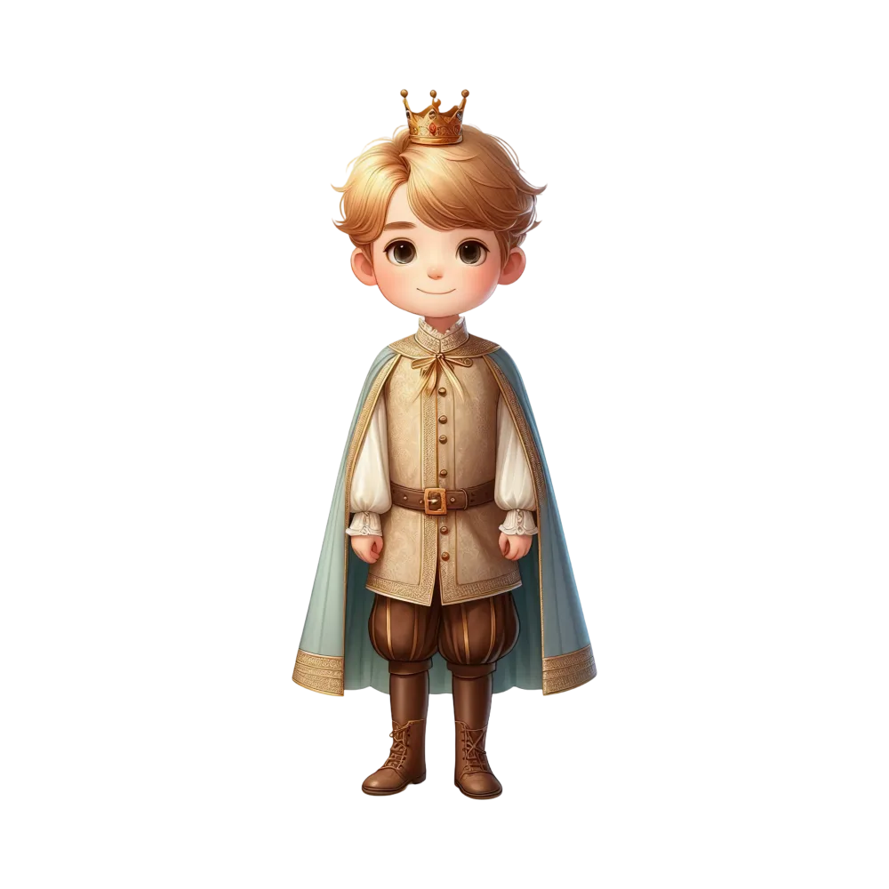 Cute Young Prince Character Wearing Crown and Royal Cape