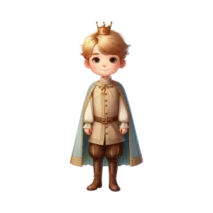 Cute Young Prince Character Wearing Crown and Royal Cape