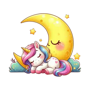 Sleeping Unicorn with Crescent Moon and Stars Illustration