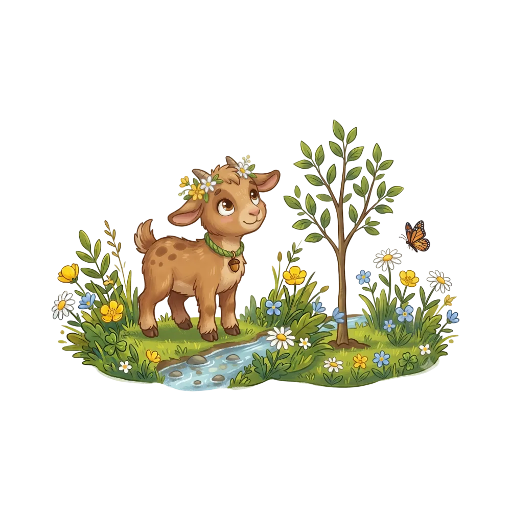 Cute Baby Goat with Flower Crown Near Stream and Flowers