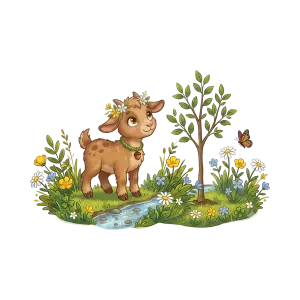 Cute Baby Goat with Flower Crown Near Stream and Flowers
