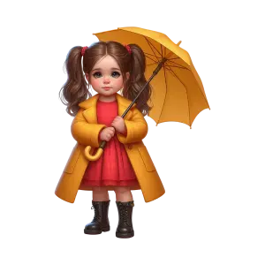 Cute Toddler Girl in Yellow Coat Holding Umbrella