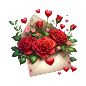 Envelope with Red Roses, Pink Flowers, and Floating Hearts