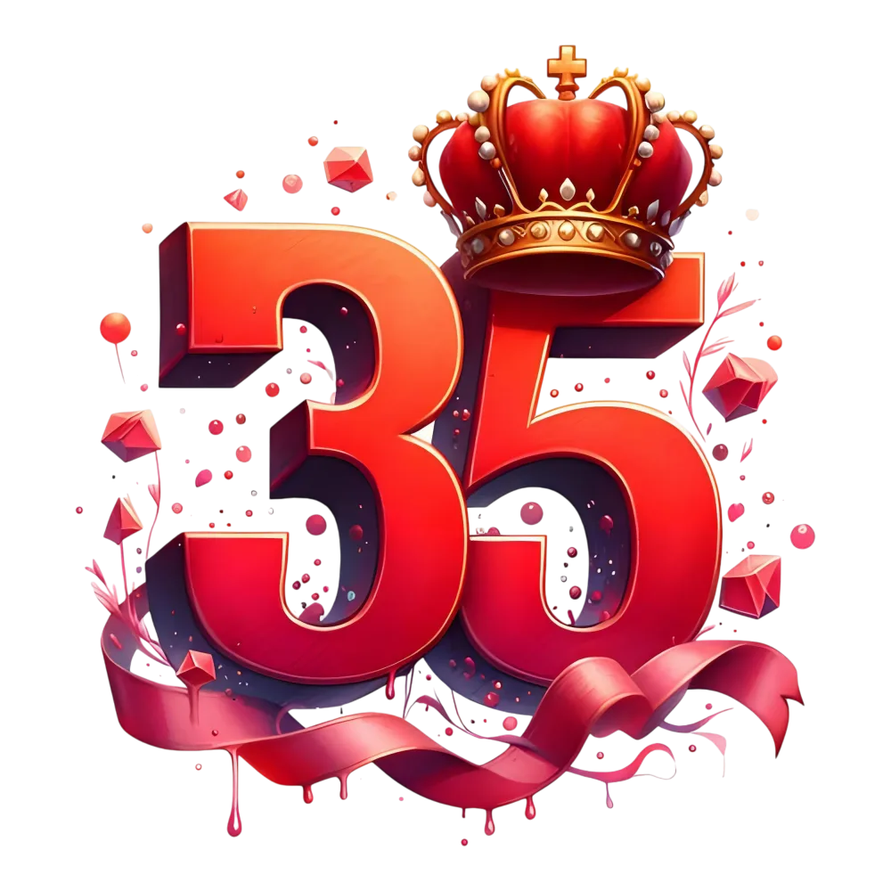 3D Red Number 35 with Crown and Ribbon