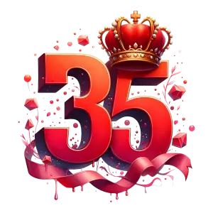 3D Red Number 35 with Crown and Ribbon