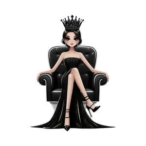 Elegant Woman in Black Gown and Crown Sitting on Armchair