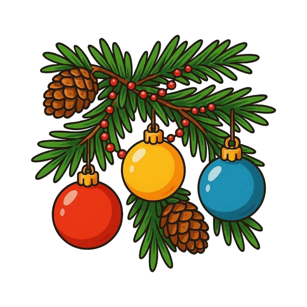 Christmas Pine Branch with Ornaments and Pine Cones