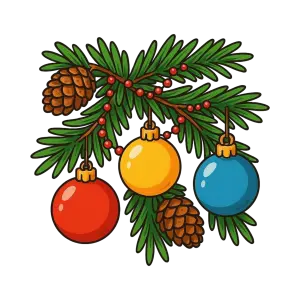Christmas Pine Branch with Ornaments and Pine Cones