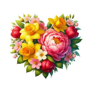Heart Shaped Bouquet with Yellow Daffodils and Pink Flowers