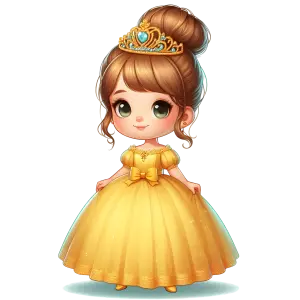Cute Cartoon Girl in Elegant Yellow Princess Dress with Tiara