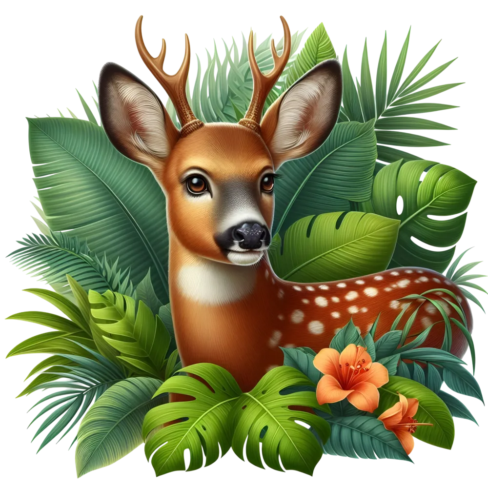 Young Deer with Antlers in Tropical Foliage