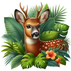 Young Deer with Antlers in Tropical Foliage