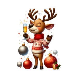 Cheerful Reindeer in Christmas Sweater with Ornaments and Gift