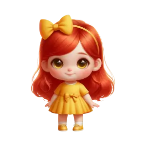 Cute Cartoon Girl with Red Hair in Yellow Dress and Bow