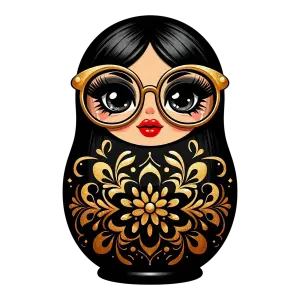 Stylized Doll Face with Golden Floral Pattern and Large Glasses