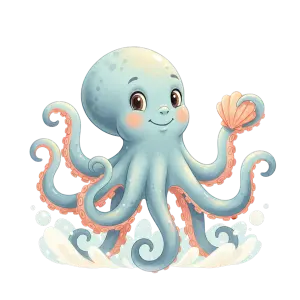 Cute Cartoon Octopus Holding a Pink Seashell