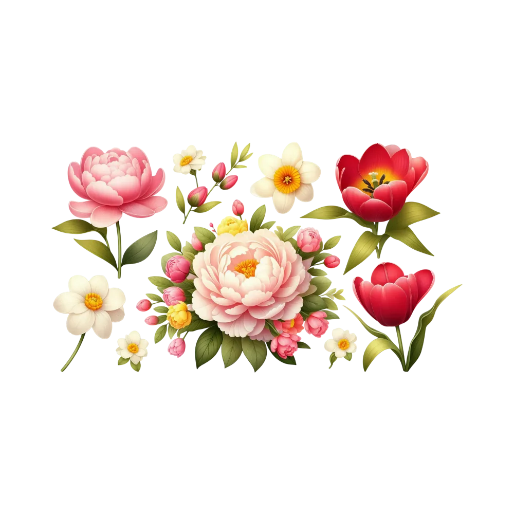 Collection of Pink Peony and Red Tulip Flowers with White Daffodils