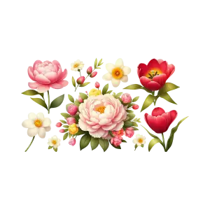 Collection of Pink Peony and Red Tulip Flowers with White Daffodils