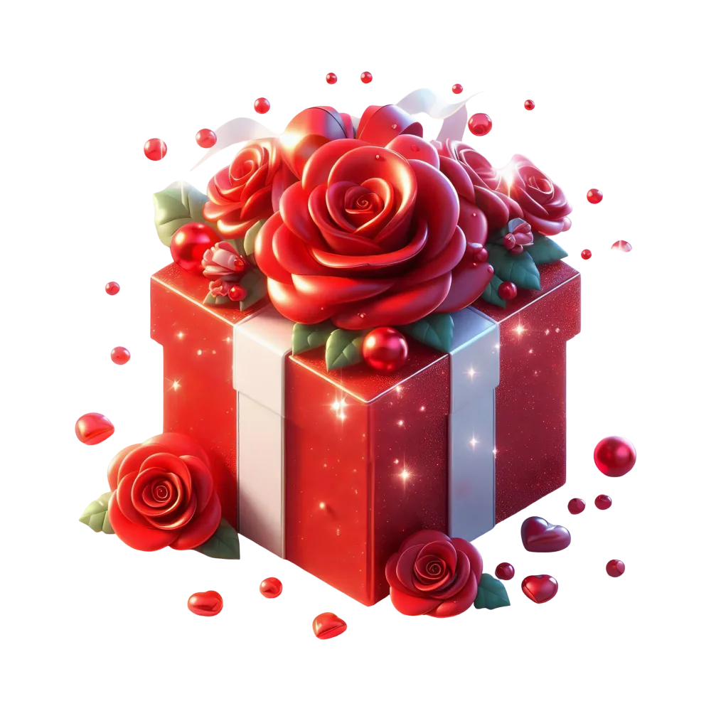 Red Gift Box Decorated with Red Roses and Hearts