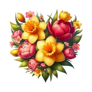 Heart-Shaped Floral Arrangement with Yellow Daffodils and Pink Tulips