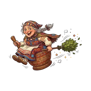 Illustration of Happy Baba Yaga Flying in a Wooden Mortar with Pestle and Birch Broom