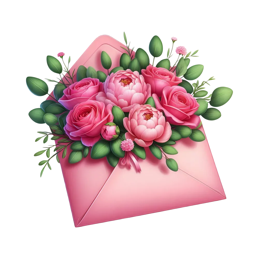 Pink Envelope Filled with Pink Roses and Greenery