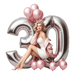 Woman Celebrating 30th Birthday with Silver Number Balloons and Pink Balloons