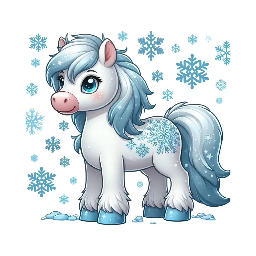 Cute Winter-Themed Cartoon Pony with Snowflakes