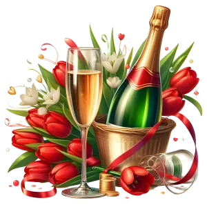 Champagne Bottle with Red Tulips and Glasses Celebration