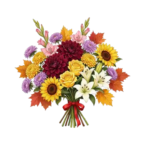 Colorful Autumn Bouquet with Sunflowers, Lilies, Roses, and Chrysanthemums