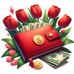 Red Wallet with Money and Red Tulips