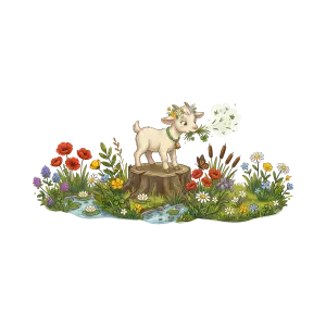Cute Goat Standing on Tree Stump Surrounded by Wildflowers and Stream