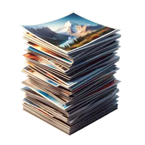 Stack of Printed Landscape Photos with Mountain and Lake