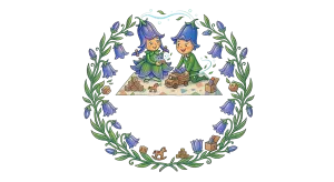 Cute Elf Children Playing with Wooden Toys in a Floral Wreath