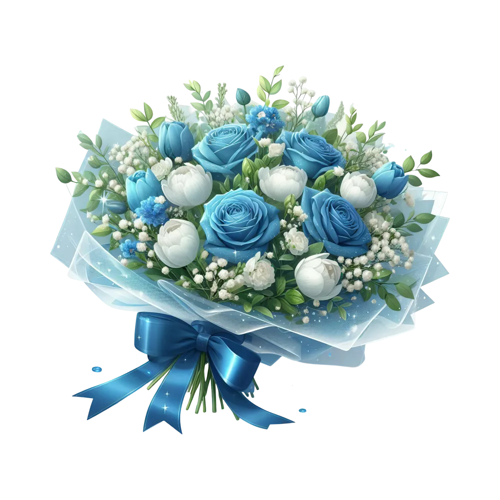 Bouquet of Blue Roses and White Flowers with Ribbon