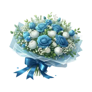 Bouquet of Blue Roses and White Flowers with Ribbon