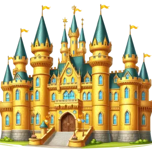 Illustration of a Golden Fairy Tale Castle with Blue Roofs
