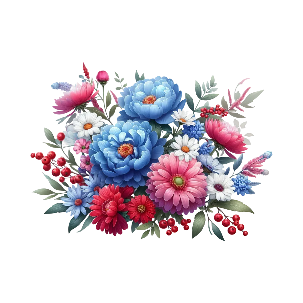 Colorful Bouquet of Blue, Pink, White, and Red Flowers with Green Leaves