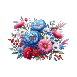 Colorful Bouquet of Blue, Pink, White, and Red Flowers with Green Leaves