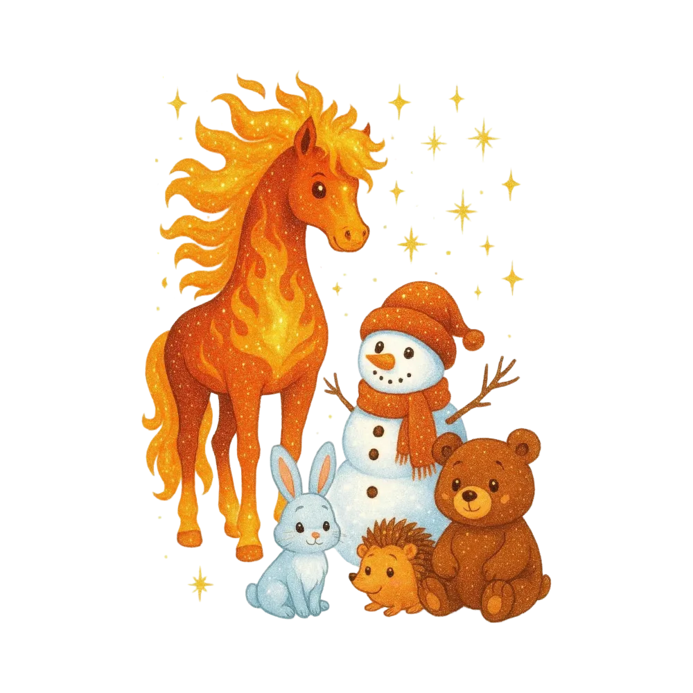 Sparkling Fire Horse with Winter Snowman and Forest Animals