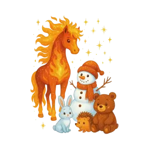Sparkling Fire Horse with Winter Snowman and Forest Animals