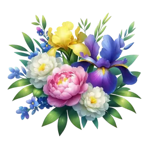 Colorful Floral Bouquet with Irises and Peonies