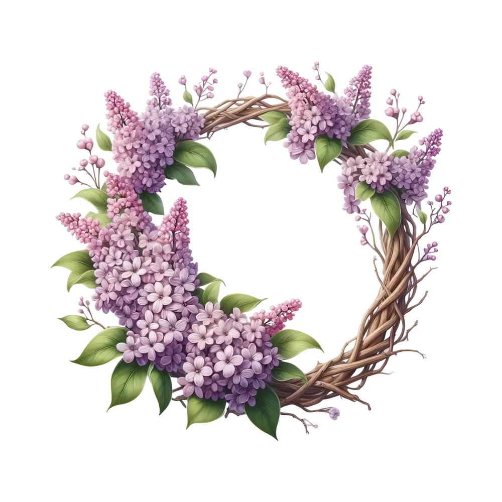 Purple Lilac Flower Wreath with Green Leaves