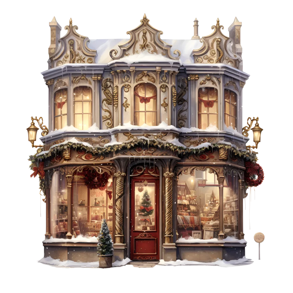 Victorian Christmas Shopfront with Snow and Holiday Decorations