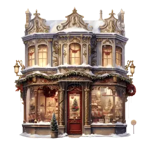 Victorian Christmas Shopfront with Snow and Holiday Decorations