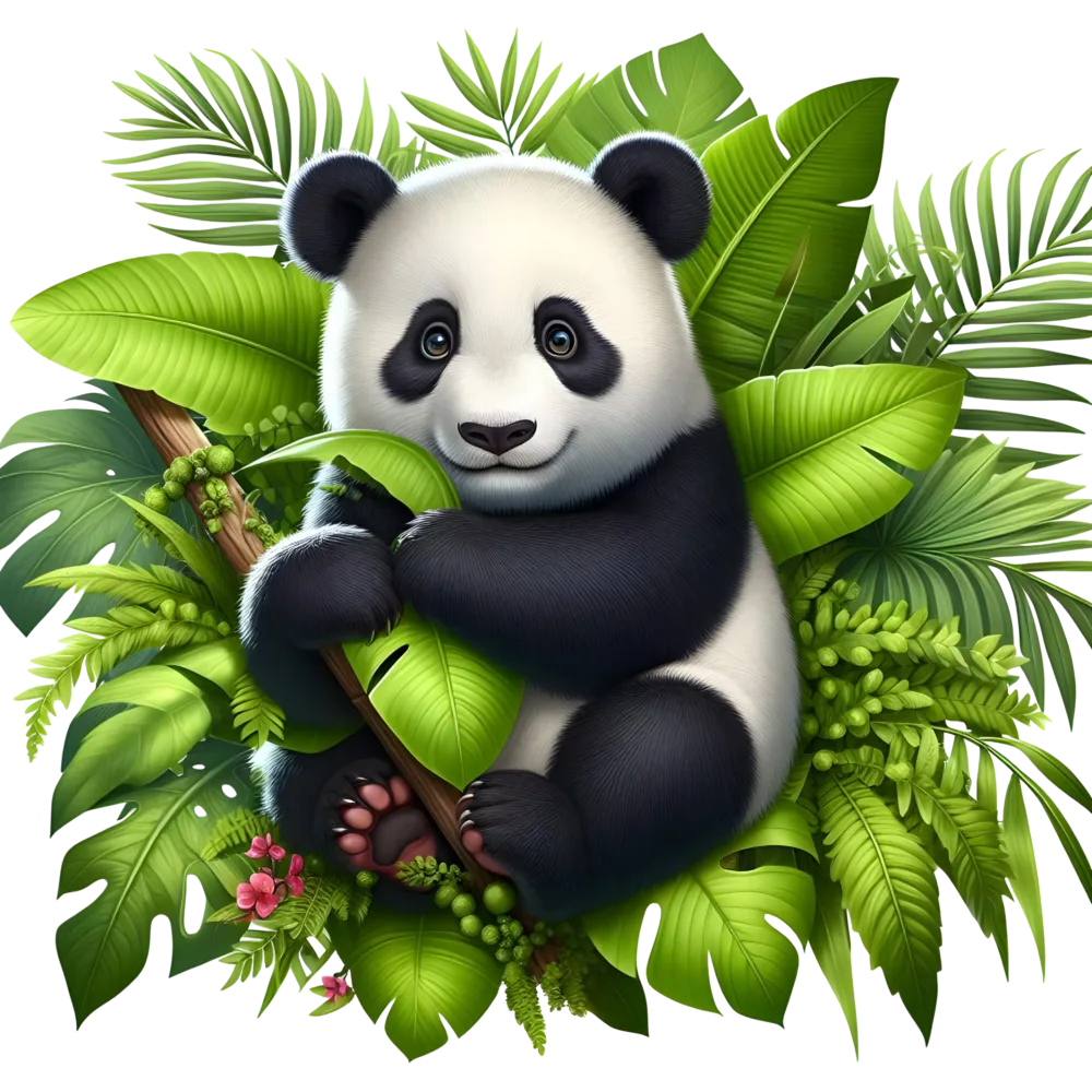 Cute Cartoon Panda Sitting Among Tropical Green Leaves
